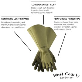 West Chester Protective Gear 054M/M West County Gardener Gauntlet Rose Gloves – Medium, Moss, Gardening Gloves w/Elastic Wrist, Reinforced Fingers, Palm, and Thumb
