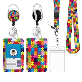 ID Badge Holder with Lanyard-Fashionable ID Card Holders with Retractable Lanyards - Soft Fiber Metal Clip Sturdy Buckle for Key Wallet Teacher, Doctor, Nurse & Student (Multicolor Puzzle)