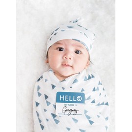 lulujo Birth Announcement Hat & Swaddle Blanket Set| Unisex Softest Bamboo Viscose Muslin Baby Swaddle Blanket| Receiving Blanket | 47in x 47in| Navy Triangle