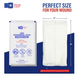 GauzeCare Sterile Abdominal- ABD Combine Pads| 50-Pack, 5 x 9 Inches| Extra Absorbent & Thick, Individually Wrapped Wound Dressing, First Aid Pads| Surgical-Grade, Nonstick- for Heavy Leakage, Post Op
