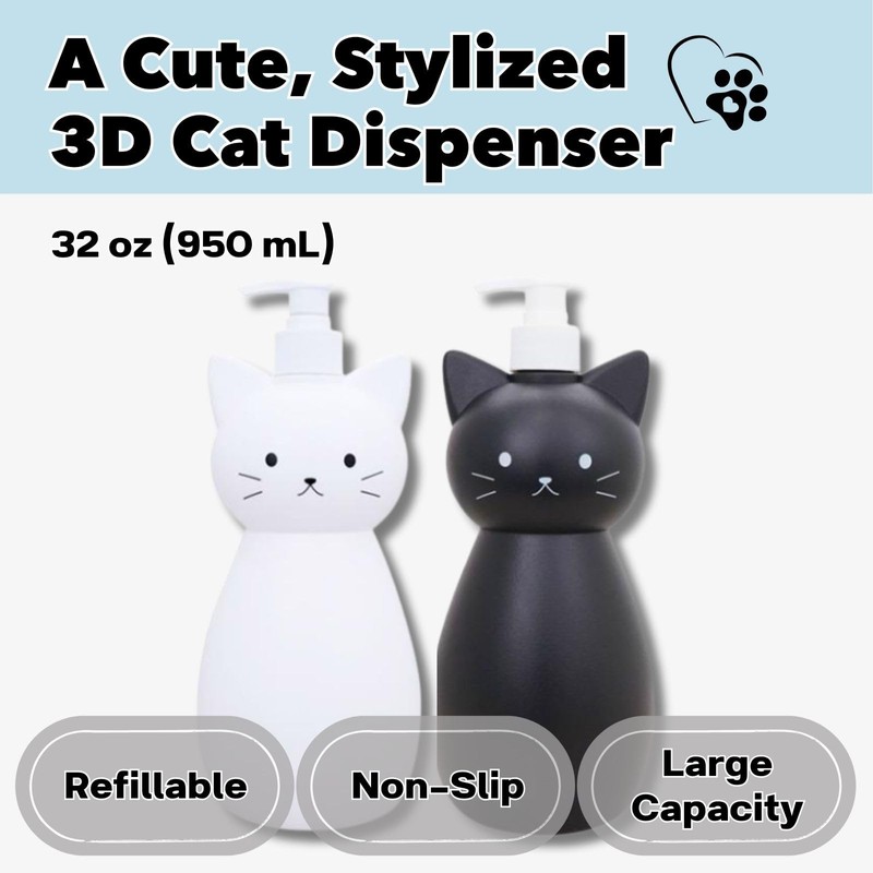 Cat-Shaped Dispenser 32 oz/950㎖ White & Black with 3 Dispenser