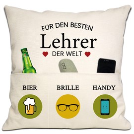 Gift for Teacher, Best Teacher in the World, Cushion Cover with Pockets, Teacher's Day Gift, Graduation Gift, Birthday Gift for Christmas (Teacher)