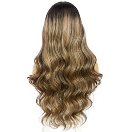 Sapphirewigs Brown Lace Front Wig, Synthetic, 13 x 4 (33x10 cm) Body Wave Ombre Honey Brown Balayage Wig, Women's Party, Date, Daily Wear, Natural-Looking Christmas Wig, 66 cm/6