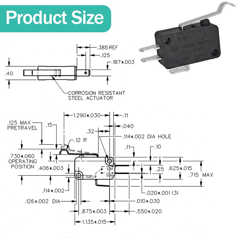 V7-7H15D8-263-1 Micro Switch (Pack of 8) - SPDT Roller Lever