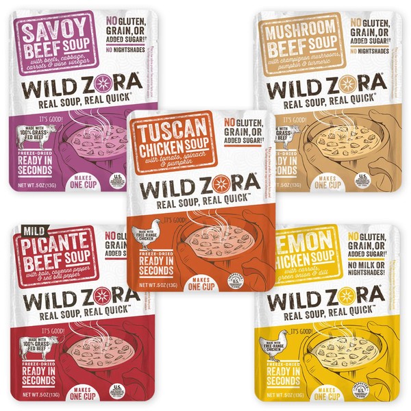 Wild Zora Instant Keto-Friendly Soups 5-Pack Variety, Broth Made with