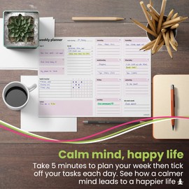 Weekly Planner Pad with daily planning sections - A4 52 sheets 100gsm paper - Undated Calendar Pad with Habit Tracker, To Do, Priority Lists and Notes - For work home and study revision