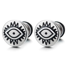 10MM Stainless Steel Black Enamel Evil Eye Circle Stud Earrings for Men Women, Screw Back, 2pcs