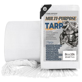 Tarps Heavy Duty Waterproof 8 X 10 Feet, Multipurpose Protective Cover for Rain Shelter Camping Boat, Outdoor Tarpaulin with 120lbs Tensile Strength Ties & 49ft Nylon Rope(10 Mil Thick)