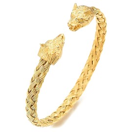 Ockyunoo Men's Bracelet, Link Curb Chain Bracelet, Stainless Steel Wolf Head Bracelet, Men's Solid Stainless Steel Bracelet, Wolf Heads Bracelet, Elastic Adjustable, for Men's Clothing (Gold),