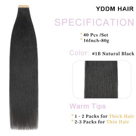 YDDM 16 Inch Tape Extensions Real Hair 40 Pieces 80 g Black Women Yaki Straight Tape-In Hair Extensions Real Hair Tapes Invisible Extensions Real Hair Tape Extensions Real Hair Tape Extensions Real