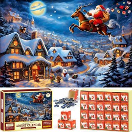 Advent Calendar 2024 Christmas Jigsaw Puzzles - Father Christmas Flying in the Sky Puzzle, 24 Parts -1008 Pieces Jigsaw Puzzles for Adults and Kids Countdown to Christmas Puzzles Gift