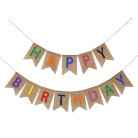 Andiker Vintage Burlap Happy Birthday Banner, 6.6 Feet Jute Hanging Bunting Garland for Birthday Party Decoration, Perfect for Indoor and Outdoor Birthday Parties (Colored letters)