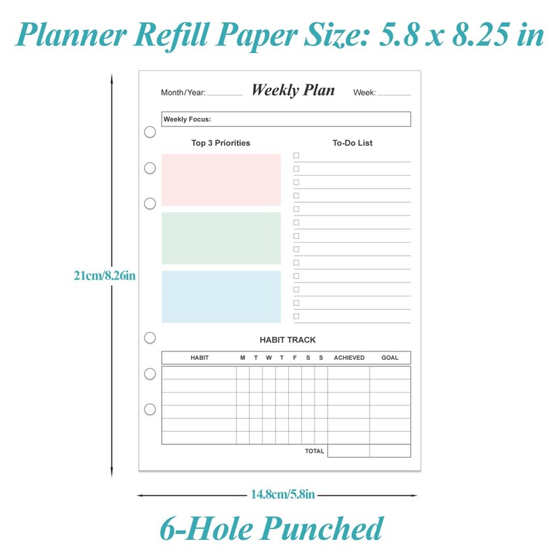 Weekly Planner Refills for A5 Binders - 53 Sheets/106 Pages