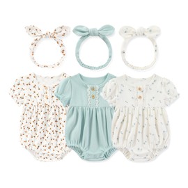 MAMIMAKA 3 Pack Newborn Baby Girl Clothes Cotton Bubble Romper Infant Outfit Floral Bodysuit, 6-9 Months