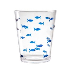 KLIFA- CHARLESTON- 16.5 oz, Set of 6, Acrylic Fishing Tumbler, School of Fish Drinking Glasses, BPA-Free, Stackable Plastic Drinkware, Dishwasher Safe Cups, Clear with Dark Blue Printing