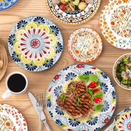 12 Pieces Ceramic Dinnerware Set,Ceramic Serving Dinnerware Service for 4,Bohemian Style Blue Floral Pattern Dessert Pasta Plates and Salad Bowls Sets,Porcelain Dishes Set for 4 Home Kitchen Decor