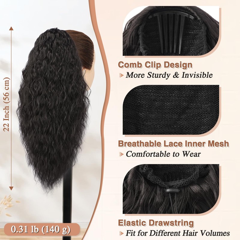 BARSDAR Comb Clip Ponytail Extension with Drawstring, 56 cm Curly