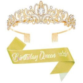 Queenship Birthday Tiara Crown with Sash for Women, Birthday Sash for Adult Women Birthday Queen Party Gold