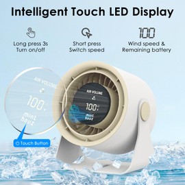 Minthouz Desk Fan - Touch Control LED Display, Premium USB Fans 3600mAh Rechargeable Battery, 6 Speeds, 90° Tilting - Portable for Home, Office, Travel, Camping, Kitchen (Beige)