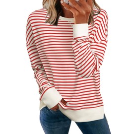 Simplee Womens Oversized Sweatshirt Long Sleeve Crewneck Striped Sweatshirt 2024 Fall Air Essentials Pullover Tops Red,L