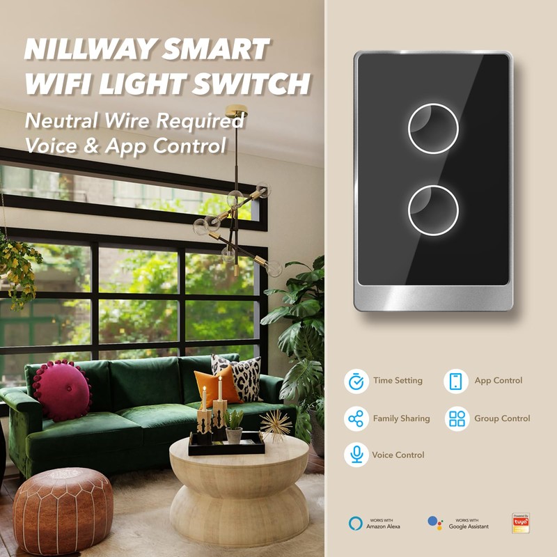 Smart Wall Light Switch, 2.4GHz 2 Gang WiFi Touch Switches,
