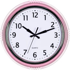 Bernhard Products Retro Wall Clock 9.5 Inch Pink Kitchen 50's Vintage Design Round Silent Non Ticking Battery Operated Quality Quartz for Home Office Baby Nursery Girls Room Classroom, Easy to Read
