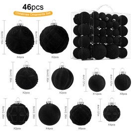 Velvet Christmas Ball Ornaments - 46pcs Flocked Christmas Tree Decorations Set Assorted Shatterproof Hanging Ornaments with Loop for Xmas Holiday Home Decor, 3 Sizes (Black)