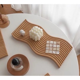 BLOFLO Decorative Tray Wave Shaped Natural Wooden Trays for Decor, Rustic Wood Serving Tray, Wood Decorative Trays for Coffee Table, Crystal Tray for Stones, Ottoman Tray for Living Room Home Kitchen