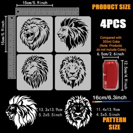 FINGERINSPIRE 4 Styles Lion Head Pattern Stencils with a Brush 5.9x5.9Inch Various Lion Face Painting Stencils Male Lions Drawing Template PET Animal Themes Roaring Lions Template for Wood Wall Floor