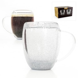 Unicopo 2 pack Double Wall Clear Coffee Mugs with Floating Glitter in Water-Oil Liquid, 300ml (10 oz), Insulated Borosilicate Glass Cups for Hot & Cold Drinks, Unique Gift