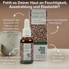 Hyaluronic Serum for Face Care with Tea Tree Oil - 30 ml, Hyaluronic Acid 2% and Vitamin B5 Serum for Fine Wrinkles and Dry Skin 100% Vegan Australian Bodycare