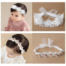Jawfait 2 Pack 18-20in Elegant White Flower Christening Headbands for Baby Girl, Elastic Soft Lace with Cute Tulle Pearl Hair Strap (Snow Tooth Rose)