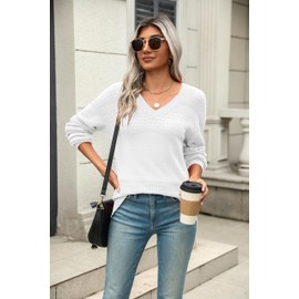 Zeagoo 2024 Womens Sweaters V Neck Lightweight Crochet Pullover Sweater Tops Casual Long Sleeve Pullover Classic White