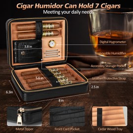 Usewire Cigar Humidor, Leather Cigar Case with Cigar Lighter, Built-in Straight Cigar Cutter and Cigar Punch, Travel Cigar Humidor with Humidifier and Cedar Tray (black)