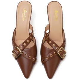 Mostrin Brown Kitten Heels for Women Studded Heeled Mules Pointed Closed Toe Heels Vintage Heels Slip on Stiletto Heels Dressy Pumps Shoes Trendy Heels Size 8