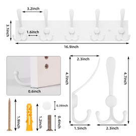 Kuhome 2pcs Coat Rack Wall Mount Coat Hooks Wooden Hat Rack for Wall Hooks Pine Real Wood Plank 16.9" White Coat Hanger with 5 White Triple Hooks for Hanging Coat Hat Jacket