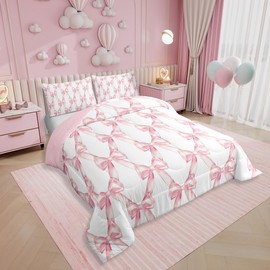 Erosebridal Ribbon Bow Bedding Set for Kids Girls Teen Women,Pink Girly Bowknot Bedding Comforter Sets Queen Cute Fantasy Princess Comforter Set Kawaii Bow Tie Bed Duvet Set 2 Pillow Cases