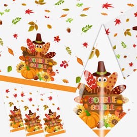 HAKOTI 3Pieces Thanksgiving Tablecloth, Turkey Thanksgiving Tablecloth Disposable Maple Leaves Pumpkin Turkey Thanksgiving Plastic Tablecloth for Friendsgiving Thanksgiving Fall Decorations