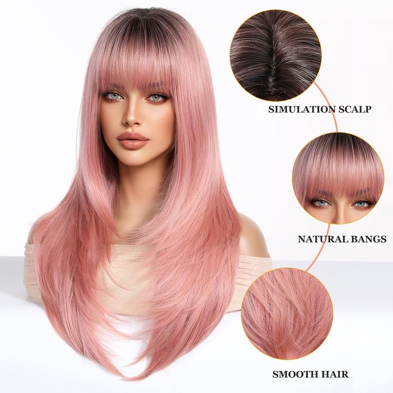 Esmee Synthetikhaar-Perücke für Damen - Langer Glatter Gestufter Pink-Ton mit