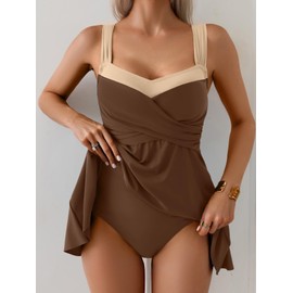 Aidonger One Piece Swim Dress for Women Tummy Control Swimsuits Cross Front Wide Straps Swimdress Bathing Suit Brown Beige