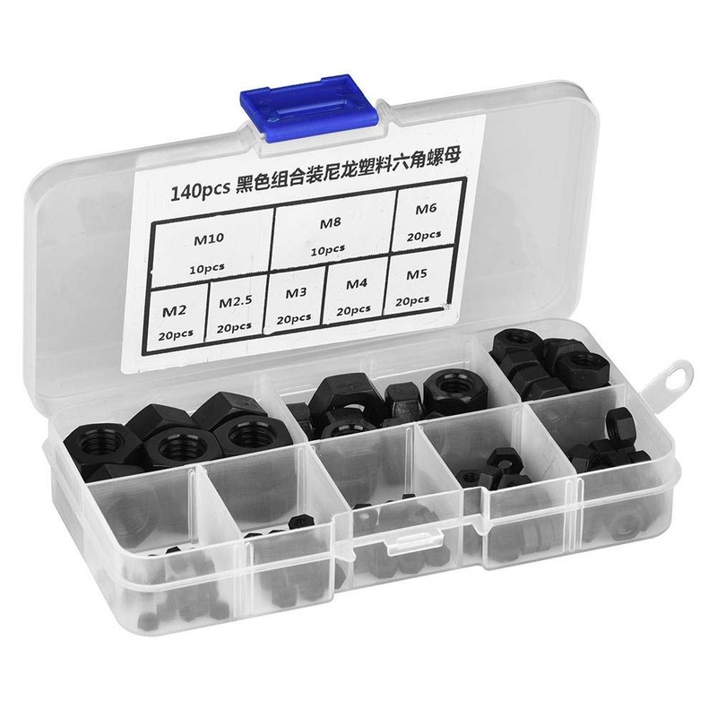 Akozon Nylon Nut 140 Pieces M2/M2.5/M3/M4/M5/M6/M8/M10 Thread Nylon Plastic Hex