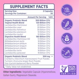 Vaginal Probiotics for Women - 300 Billion CFUs 12 Strains Probiotics with Prebiotic, Organic Cranberry Extract Daily Women's Probiotic for Vaginal, Urinary, Digestive, Gut, Immune Health, 60 Capsules