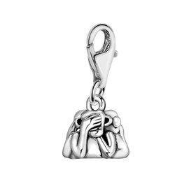 Quiges 3D Triple Monkey Heads Clip On Charm Pendant Silver Plated Women's Jewellery