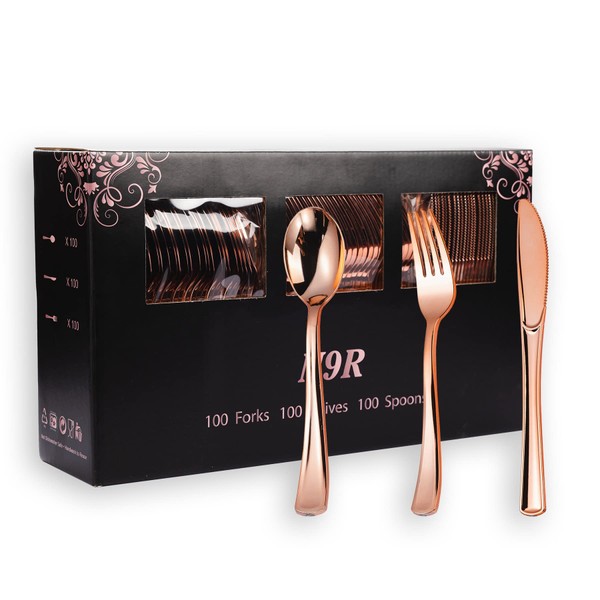 N9R 300PCS Rose Gold Plastic Silverware, Heavy Duty Plastic Cutlery Set, Disposable Rose Gold Utensils Include 100 Forks, 100 Spoons, 100 Knives. Perfect for Party Decorations.