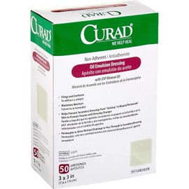 Curad Sterile Oil Emulsion Non-Adherent Gauze Dressing, 3x3 inches, for Minor Burns, Abrasions, 50 Count (Pack of 1)
