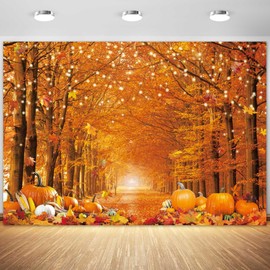 Fluzimir 7x5FT Polyester Fall Autumn Photo Backdrop for Photography Autumn Forest Scenery Maple Leaves Pumpkins Background Fall Thanksgiving Day Friendsgiving Party Decorations Fabric