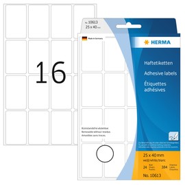 HERMA 10613 Vielzweck-Etiketten ablösbar, 384 Stück, 25 x 40 mm, 16 pro Bogen, selbstklebend, Haushaltsetiketten zum Beschriften, matt, blanko Papier Klebeetiketten Aufkleber, weiß