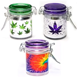 Airtight Glass Mini Storage Jar Set of 3 - Green Leaf, Tie Dye, and Purple Leaf Galaxy Metallic Silver Designs, 1.5oz, 2.5 Inches