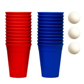 InnoNeeds, Party Cups Set, 22 Hard Plastic Cups (11 Red, 11 Blue, 3 Balls), Reusable and Dishwasher Safe, 16 oz / 473 ml, Reusable Cups