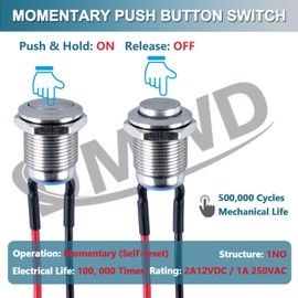 DMWD 5pcs 12mm Momentary Push Button Switch High Round Head with Pre-soldered Cable Stainless Steel 1NO 12V 24V 36V 110V 250V Waterproof IP66 Without LED (Silver Shell)